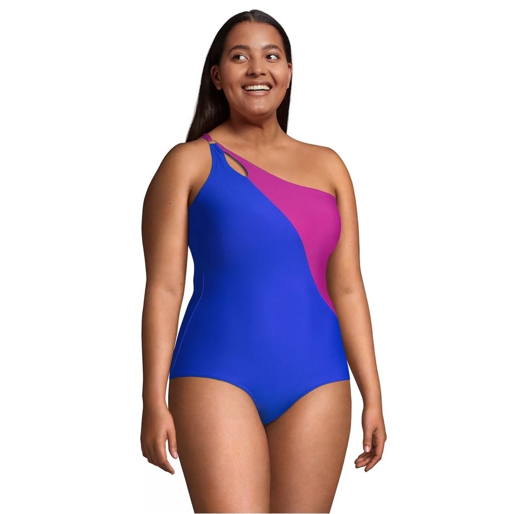 NWT LANDS END' UPF 50 Tummy Control One Shoulder One-Piece‎ Swimsuit 14